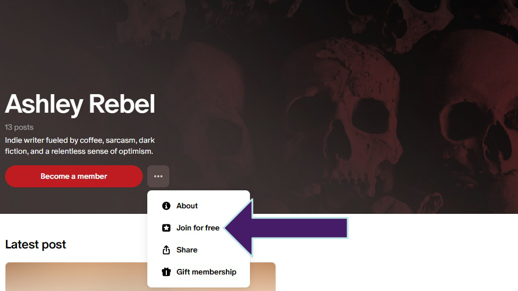 A screenshot of Ashley Rebel's Patreon page with an arrow pointing at the "Join for free" option in a dropdown menu.