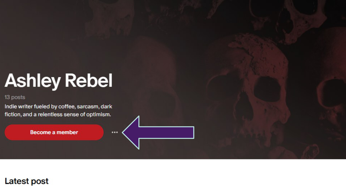 A screenshot of Ashley Rebel's Patreon page with an arrow pointing at the three dots next to the "Become a member" button.